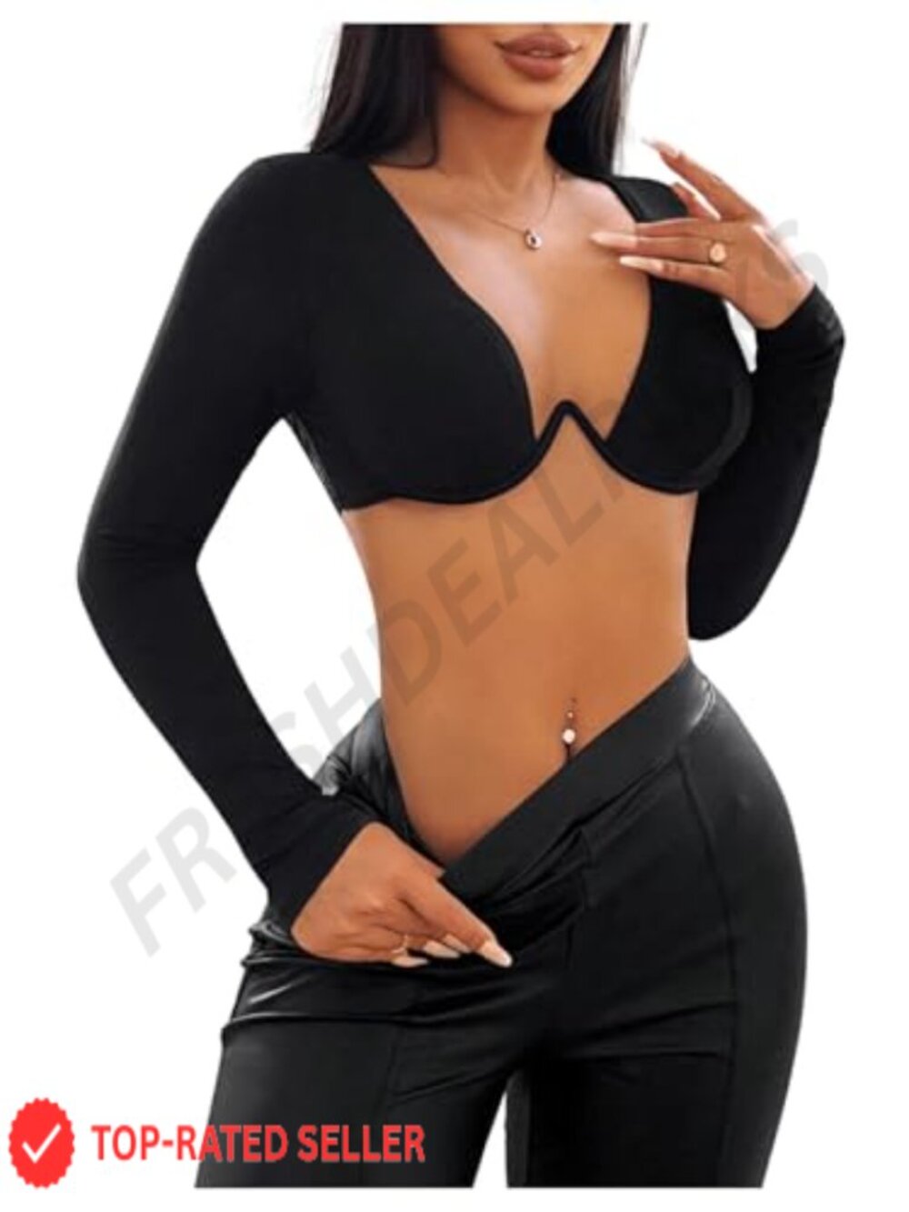 Women's Deep V Neck Underwire Long Sleeve Fitted Crop Top